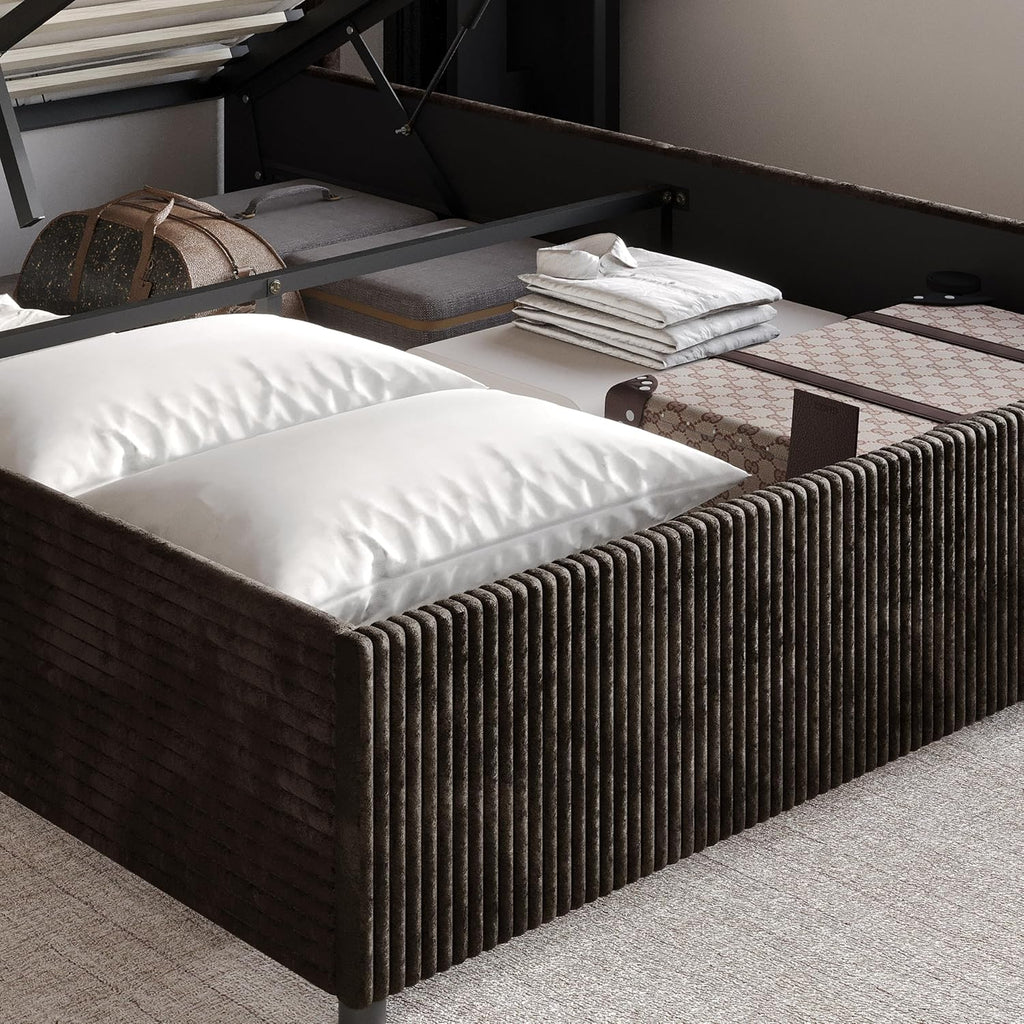 Queen Wingback Velvet Upholstered Platform Lift-Up Storage Bed, Vertical Stitching Design, Brown