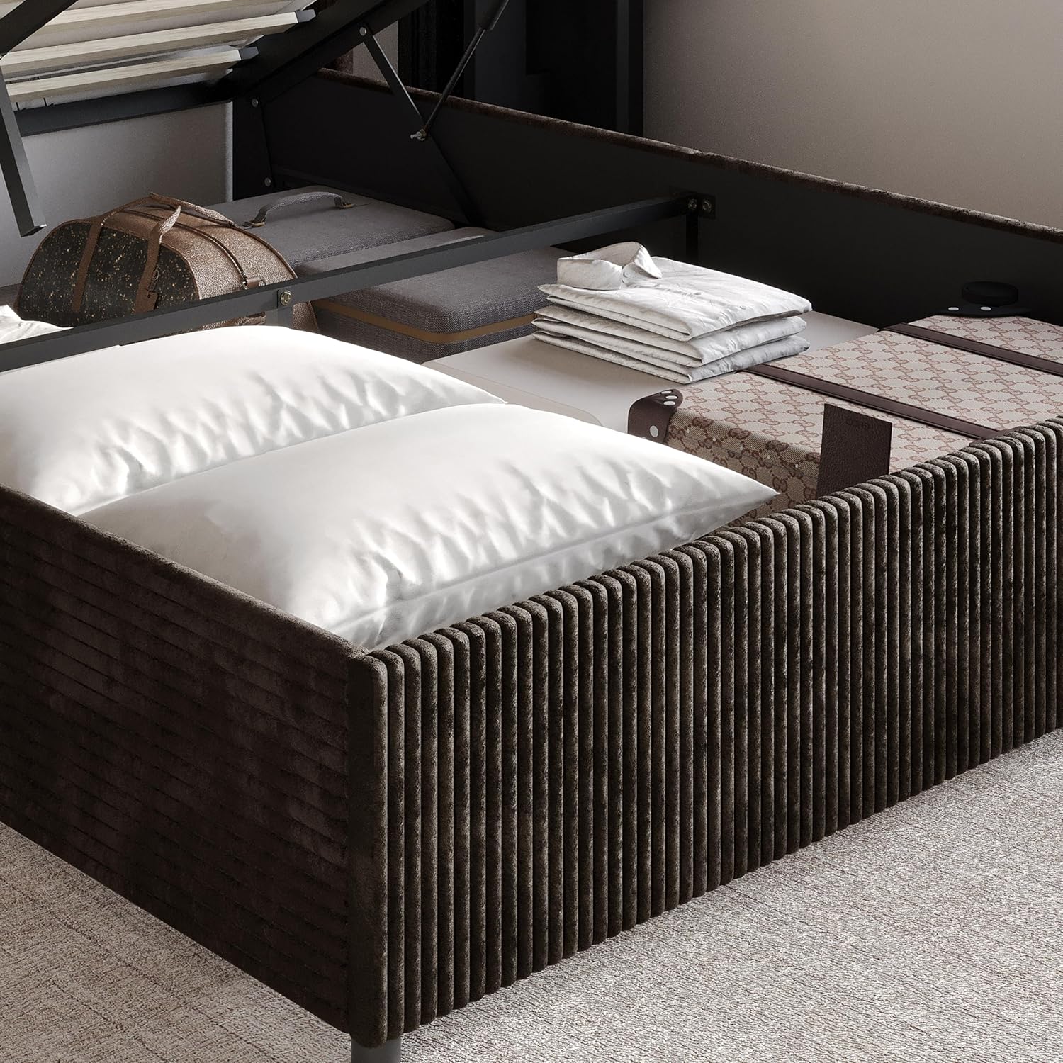 Queen Wingback Velvet Upholstered Platform Lift-Up Storage Bed, Vertical Stitching Design, Brown