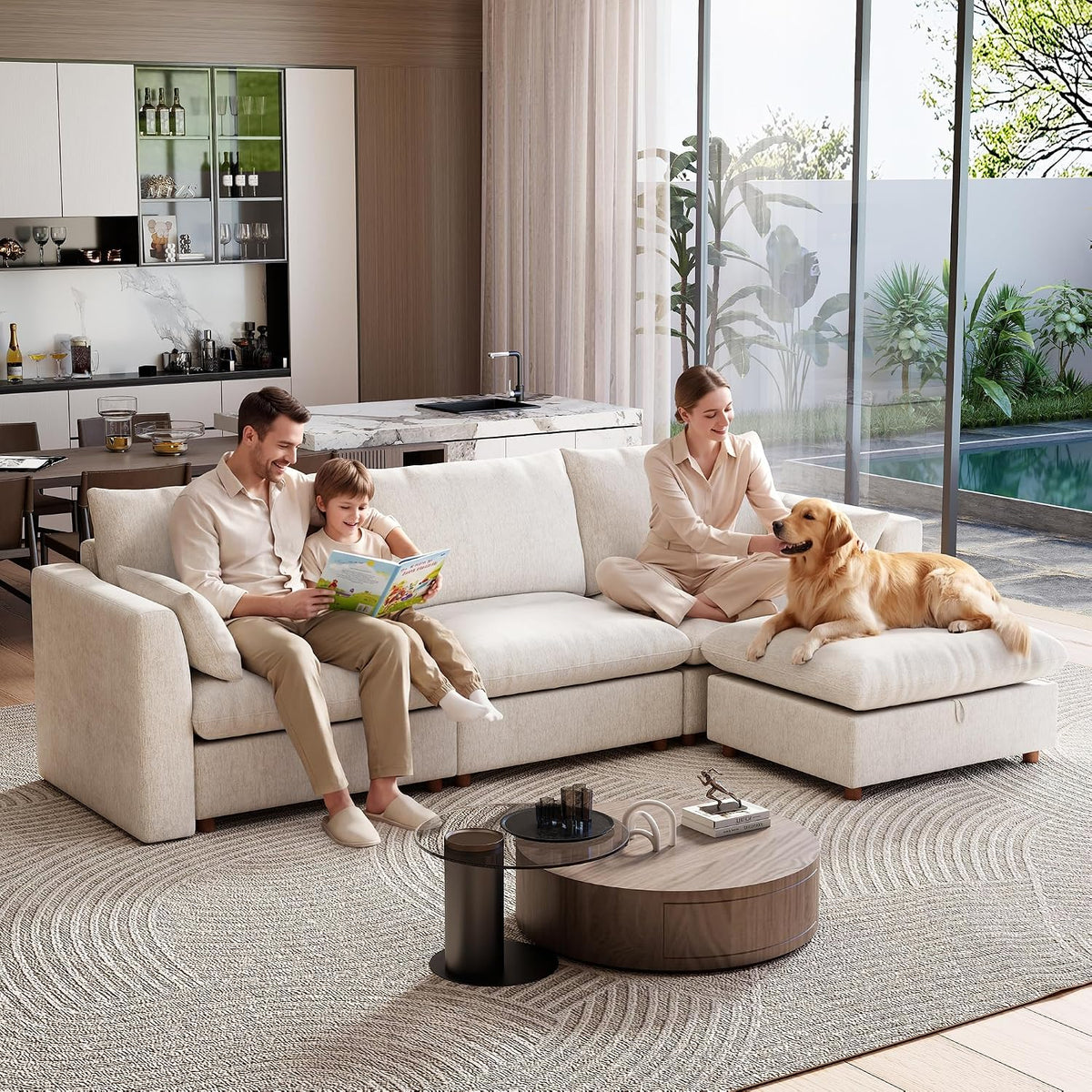 Ihanherry 117" Oversized Modular Sectional Sofa, Modern L Shaped Cloud Couch with Storage Ottoman, 4-Seat Comfy Chenille Deep Seat Sofa with 2 Pillows for Living Room, Beige