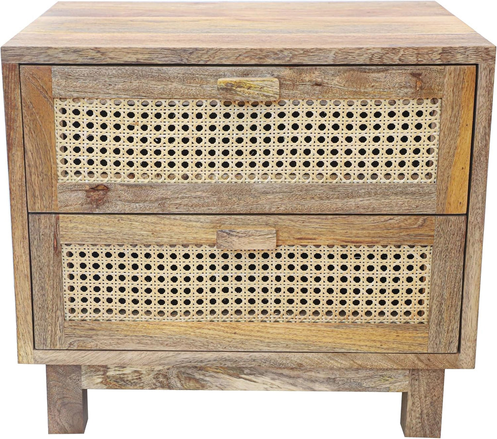 Fab Habitat Flourish 2 Drawer Side Table - 20" H Coastal Boho Mango Wood Cane Accent Nightstand, Handcrafted for Bedroom, Dorm, Small Spaces, Natural Finish
