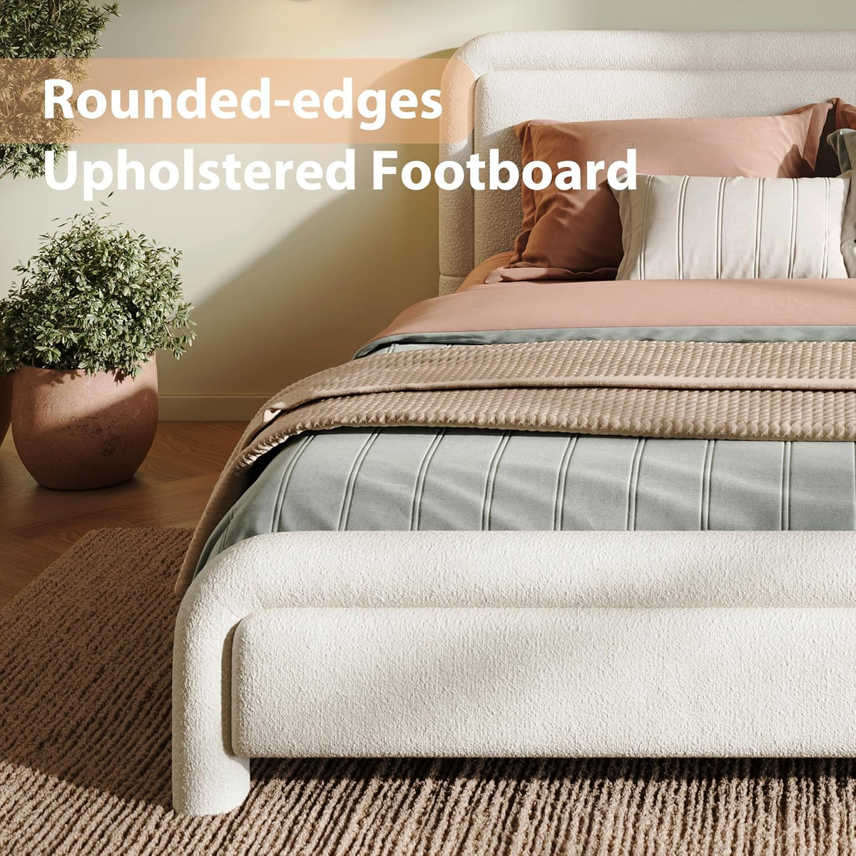Merax Queen Size Upholstered Bed Frame with Upgraded Curved Boucle Fabric Headboard,Wooden Slats Support for Bedroom,Modern Design Easy Assembly