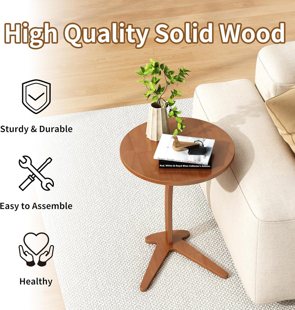 C Shaped End Table, Small Round Side Table for Couch, Slide Under Sofa Tray Desk for Living Room Bedroom, Solid Wood TV Tray Table for Narrow Space (15” Chestnut)