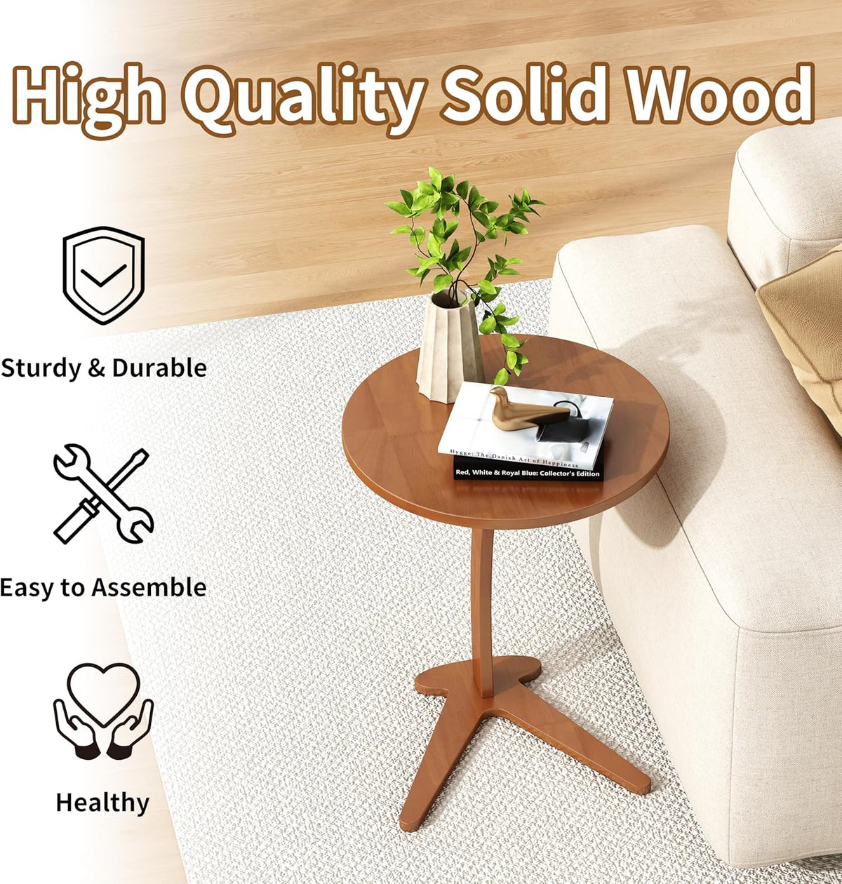 C Shaped End Table, Small Round Side Table for Couch, Slide Under Sofa Tray Desk for Living Room Bedroom, Solid Wood TV Tray Table for Narrow Space (15” Chestnut)