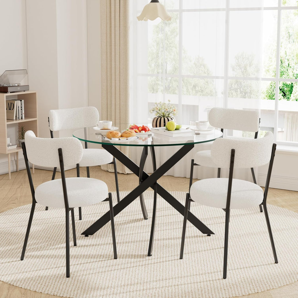 36" Round Dining Table Set for 4, Small Round Kitchen Table with 4 Boucle Dinner Chairs, Modern Circle 5 Piece Glass Dining Table with Metal Legs(White&Black)