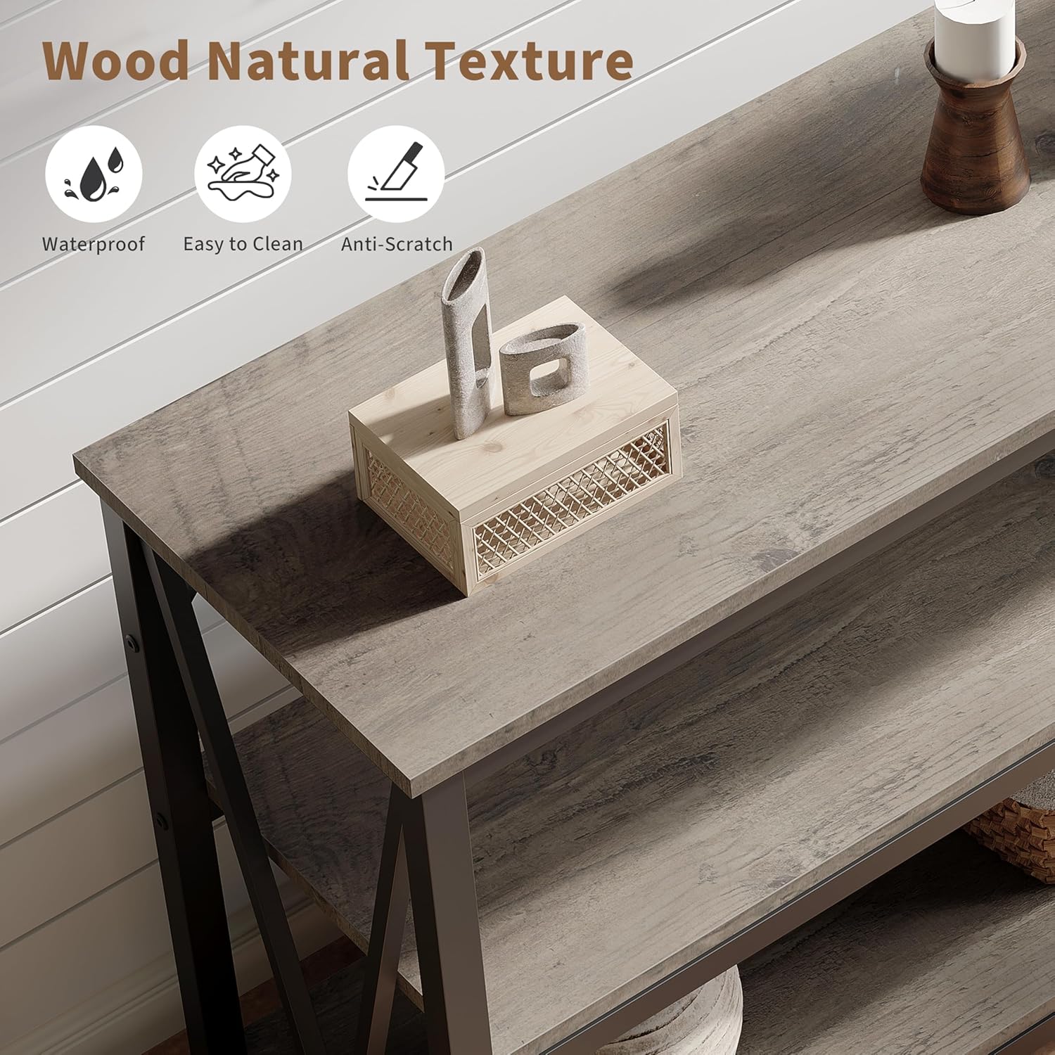 IDEALHOUSE Industrial Entryway Table, 47 in Narrow Long Console Table with Storage, 3 Tier Wood Console Table for Living Room, Farmhouse Sofa Tables Behind Couch, Hallway Table for Foyer-Grey