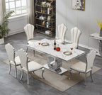 Modern White Dining Table for 6, U-Shape Stainless Steel Base, Marble Dining Room Table for 4-6, 68''L x 34''W Faux Marble Tabletop, Sturdy High Gloss Base, Rectangular Home Kitchen Table