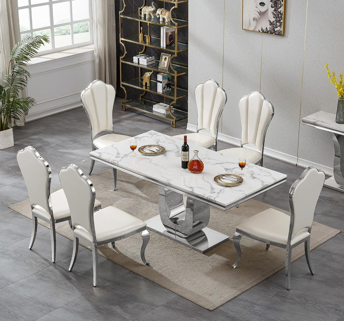 Modern White Dining Table for 6, U-Shape Stainless Steel Base, Marble Dining Room Table for 4-6, 68''L x 34''W Faux Marble Tabletop, Sturdy High Gloss Base, Rectangular Home Kitchen Table