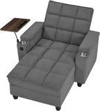 Eafurn Convertible Chaise Lounge Sleeper Chair with Storage and 6-Position Reclining Backrest,Modern Tufted Recliner Lounge Chaise Chair with Swivel Tray Table & USB Port for Living Room