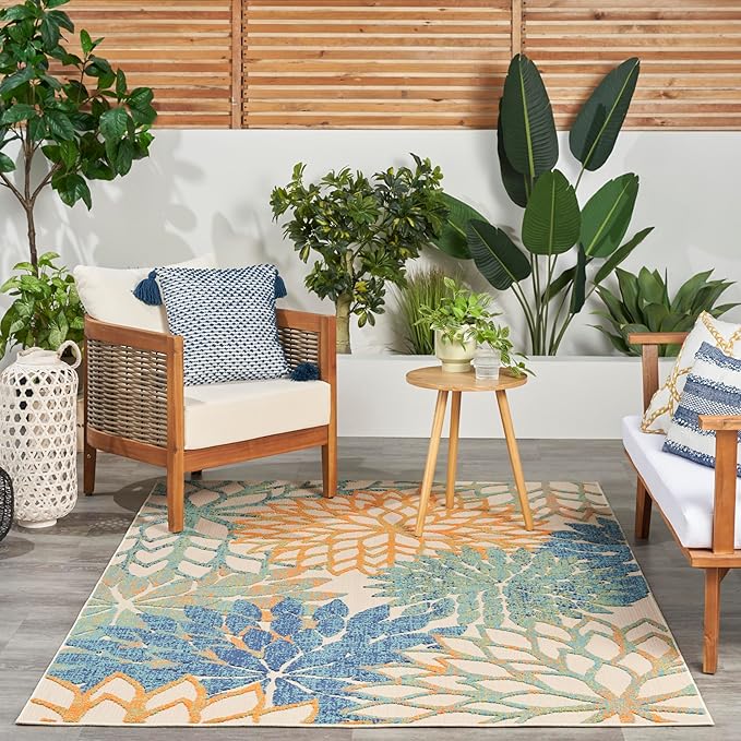 Nourison Home Aloha Indoor Outdoor Blue Green 5'3" x 7'5" Area Rug, Easy Cleaning, Non Shedding, Bed Room, Living Room, Dining Room, Backyard, Deck, Patio (5x7)
