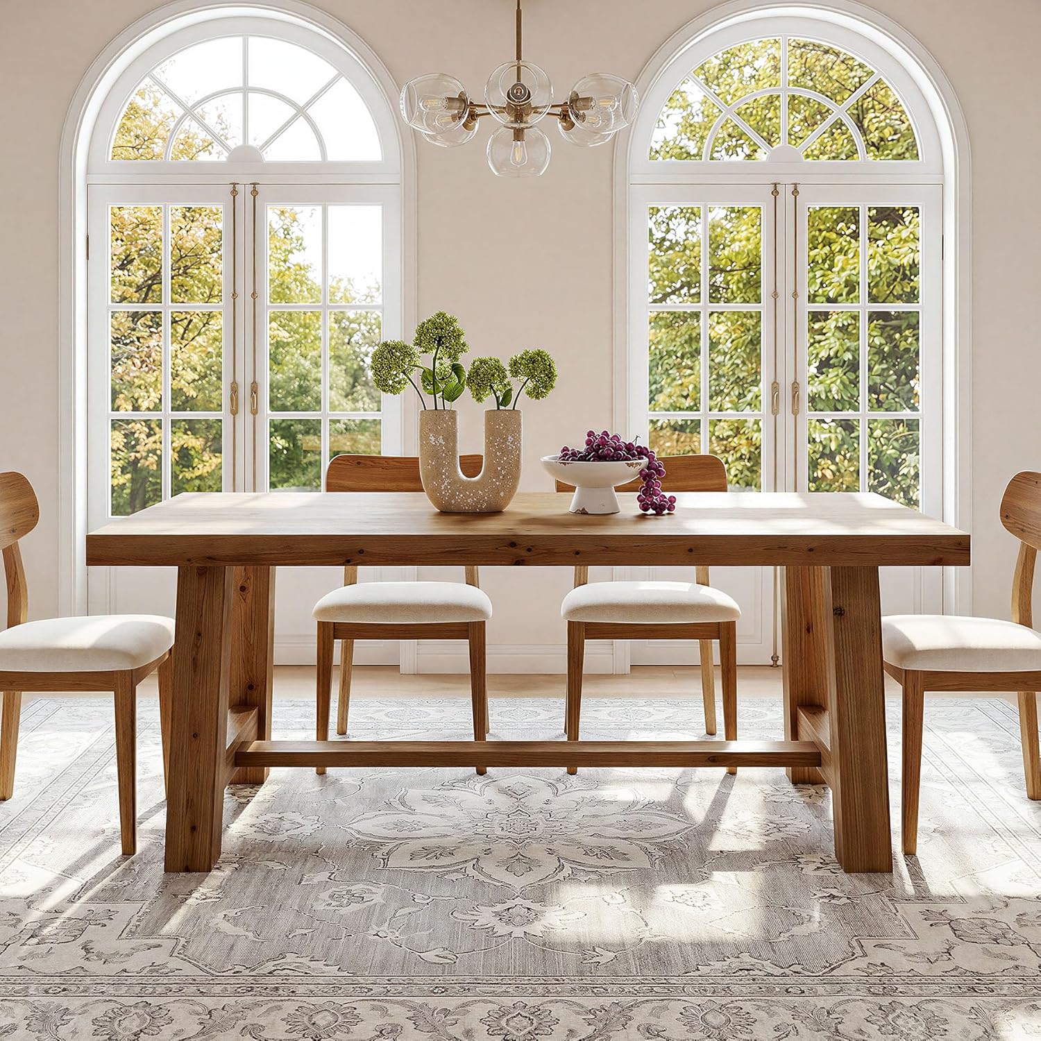 63-Inch Solid Wood Dining Table, Farmhouse Kitchen Table for 4-6 People, Rectangular Wooden Dinner Table with Thick Top & Trestle Base, Natural Wood