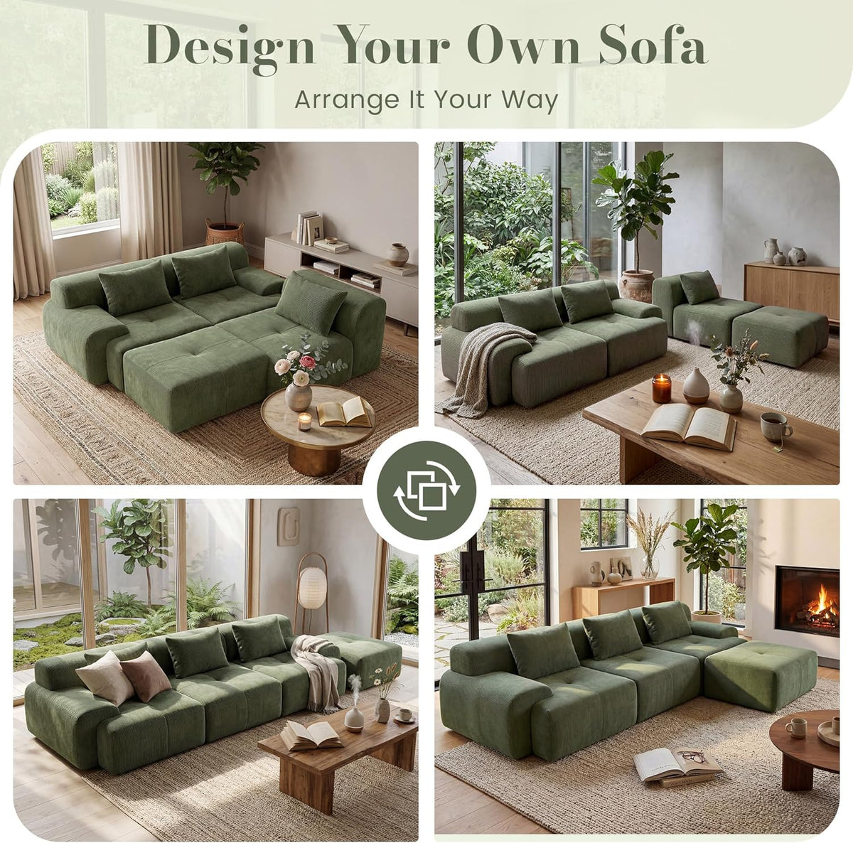 GRUSIGN 108'' Modular Sofa,Sectional Couch for Living Room | Tufted Oversized L Shape Deep Seat Sectional Sofa with Ottoman & 3 Throw Pillows,Corduroy Cloud Couch,Green