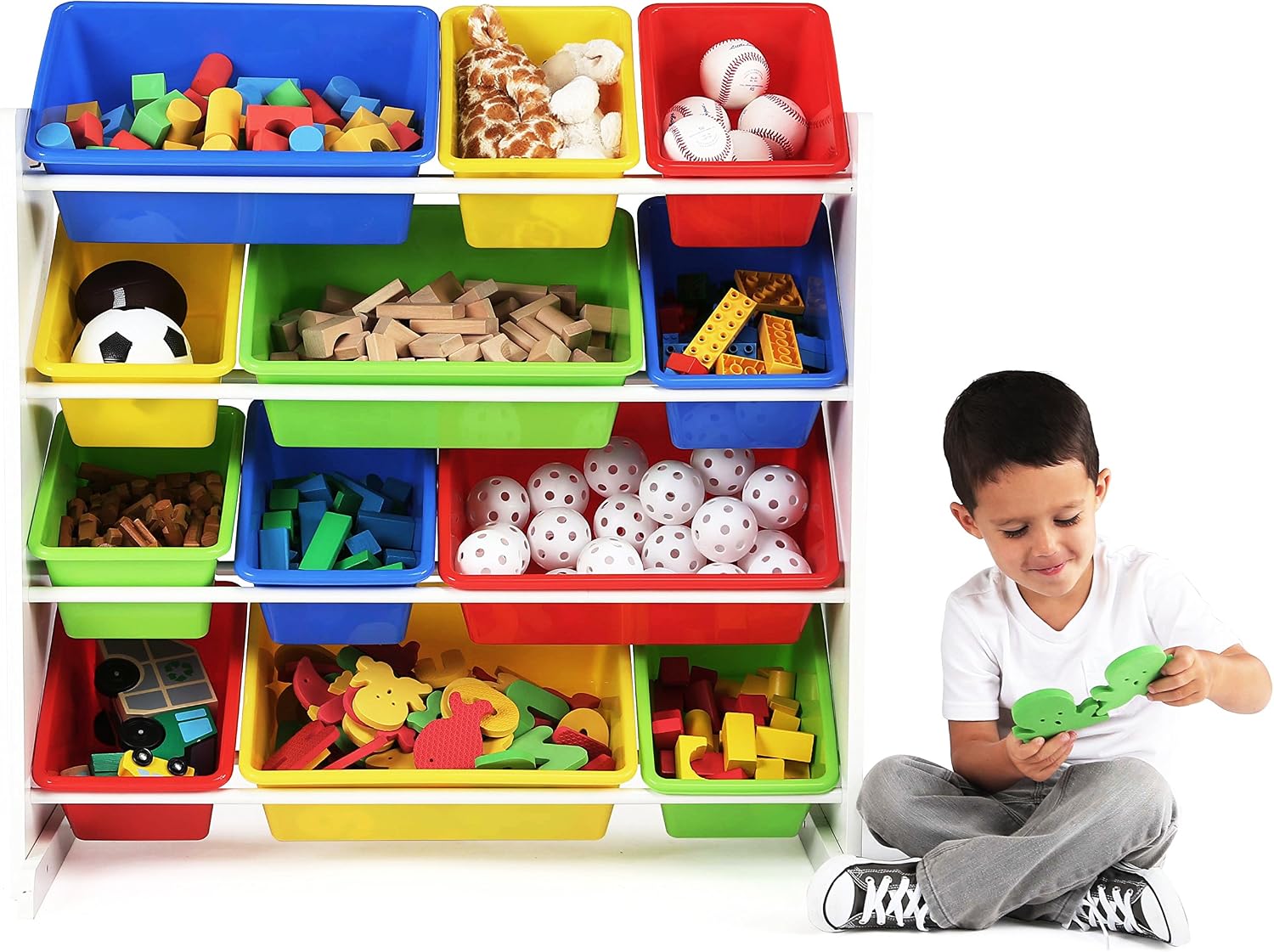 Humble Crew Kids Plastic 4 Set, Blue Table/Primary Chairs & White/Primary Kids' Toy Storage Organizer with 12 Plastic Bins