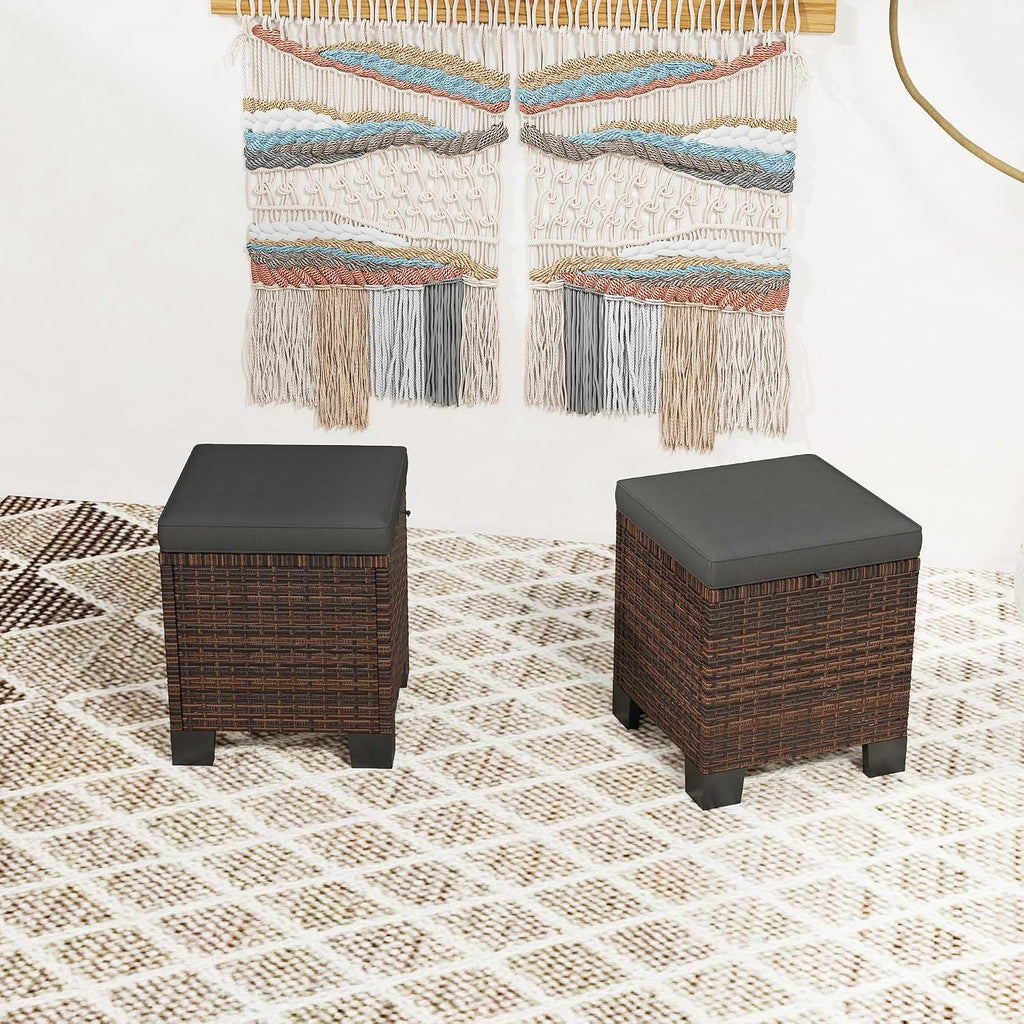 Outsunny 2 Pieces Outdoor Patio Ottomans, All Weather Wicker Footstools with Removable Cushions, 3-in-1 PE Rattan Ottoman Seat, Footrest and Side Table for Backyard, Poolside, Gray