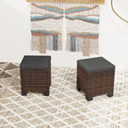 Outsunny 2 Pieces Outdoor Patio Ottomans, All Weather Wicker Footstools with Removable Cushions, 3-in-1 PE Rattan Ottoman Seat, Footrest and Side Table for Backyard, Poolside, Gray