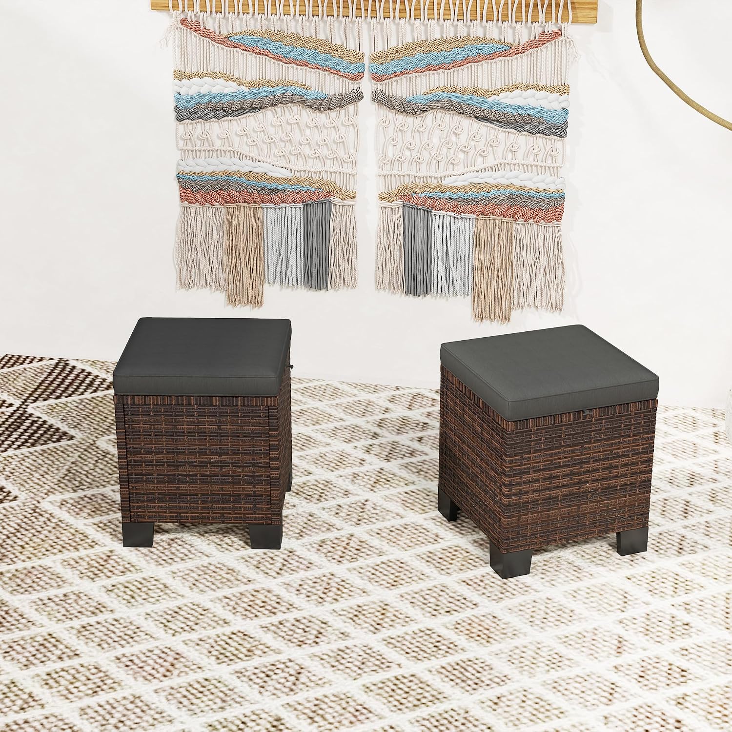 Outsunny 2 Pieces Outdoor Patio Ottomans, All Weather Wicker Footstools with Removable Cushions, 3-in-1 PE Rattan Ottoman Seat, Footrest and Side Table for Backyard, Poolside, Gray