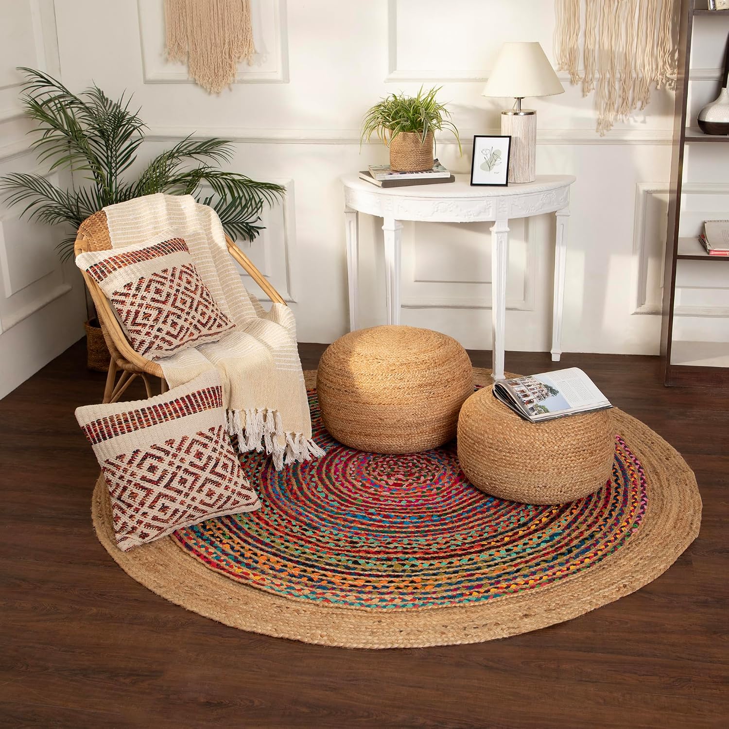 · REDEARTH · Jute Circular Low Pouf Ottoman - Boho Foot Stool - Natural | Jute, 18"x18"x10"; Braided Jute Pouf, Accent Sitting Doubles as Foot Rest; Great for Living Room, Patio, Outdoor, Bedroom