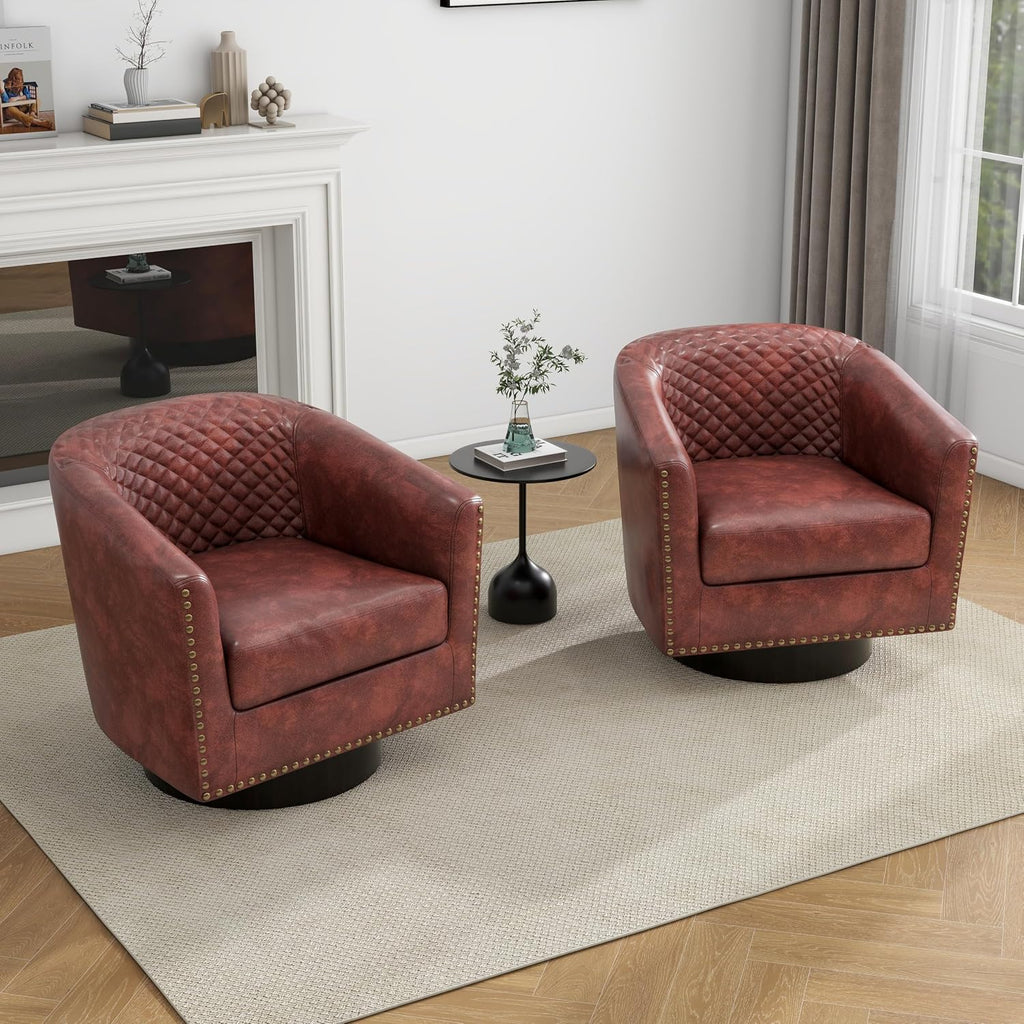 Swivel Barrel Accent Chairs Set of 2, Faux Leather Upholstered Armchair for Living Room, Comfy Bedroom Side Reading Seat, Red Brown