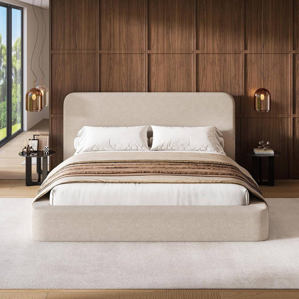 LARMACE King Upholstered Platform Bed Frame with Padded Headboard
