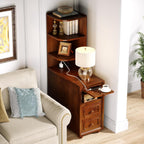 Solid Wood End Table with Charging Station and Reversible Corner Shelves, Tall Narrow Side Table with Drawers, USB Ports and Outlets for Living Room and Bedroom, Walnut