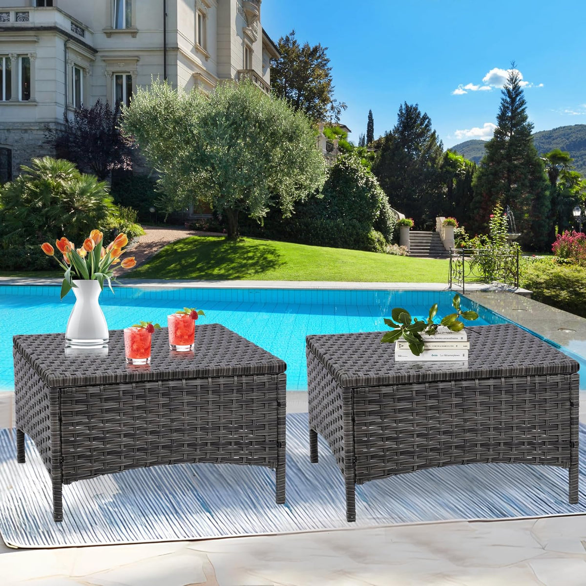 Set of 2 Outdoor Patio Ottomans, All-Weather PE Rattan Wicker Furniture for Backyard Porch Deck Poolside, Sturdy Steel Frame, Khaki