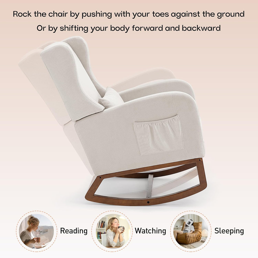 Nursery Rocking Chair, Glider Rocker Indoor with Footrest, Beige | High Back Nursing Chair with Side Pocket, Upholstered Thick Foam Glider Chair with Rubberwood Base for Living Room Bedroom