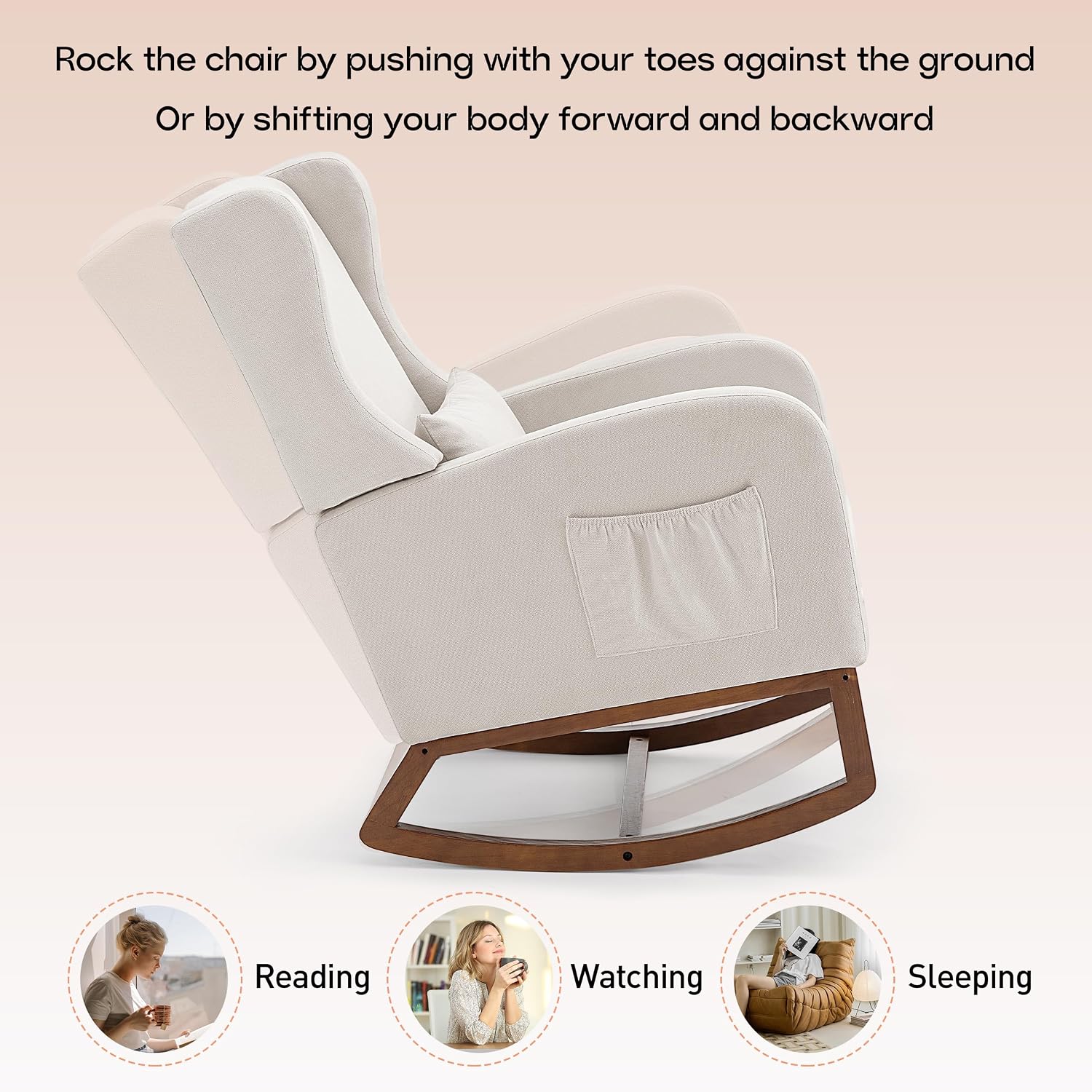 Nursery Rocking Chair, Glider Rocker Indoor with Footrest, Beige | High Back Nursing Chair with Side Pocket, Upholstered Thick Foam Glider Chair with Rubberwood Base for Living Room Bedroom