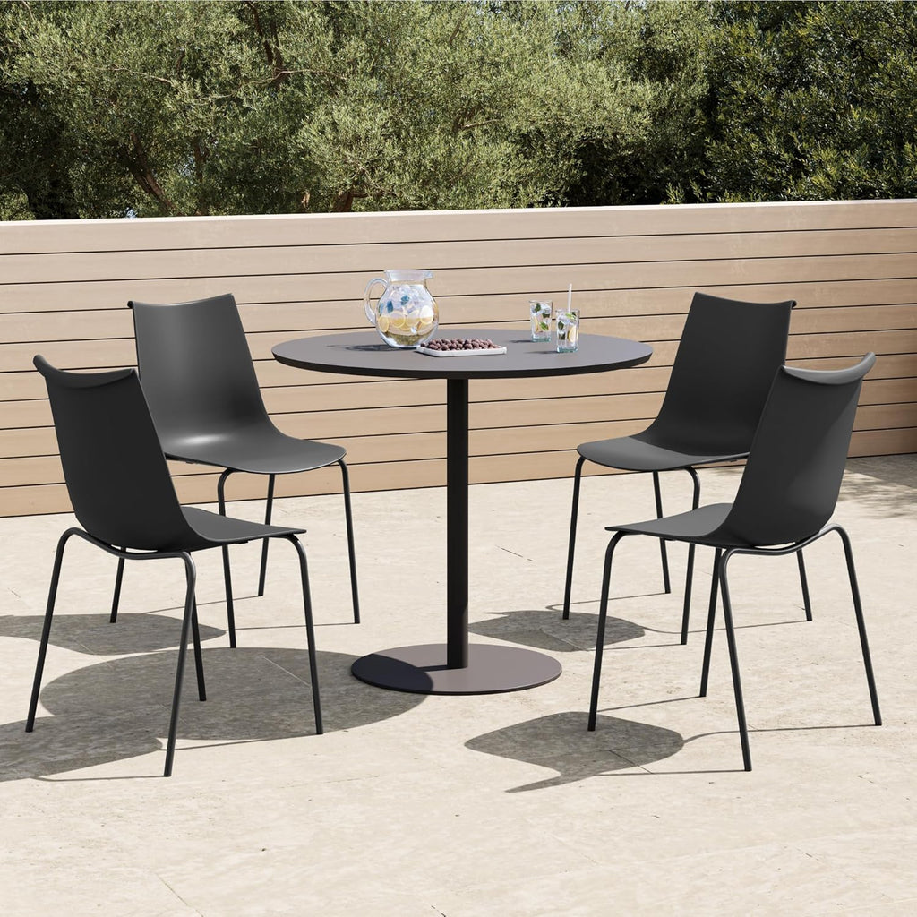 KISLOT Dining Chairs Set of 4, Plastic Outdoor Dining Room Chairs with Metal Legs, PP Anti-UV Stackable Patio Chairs with Ergonomic Back & Curved Seat for Kitchen Swimming Pool, Easy Assembly, Black