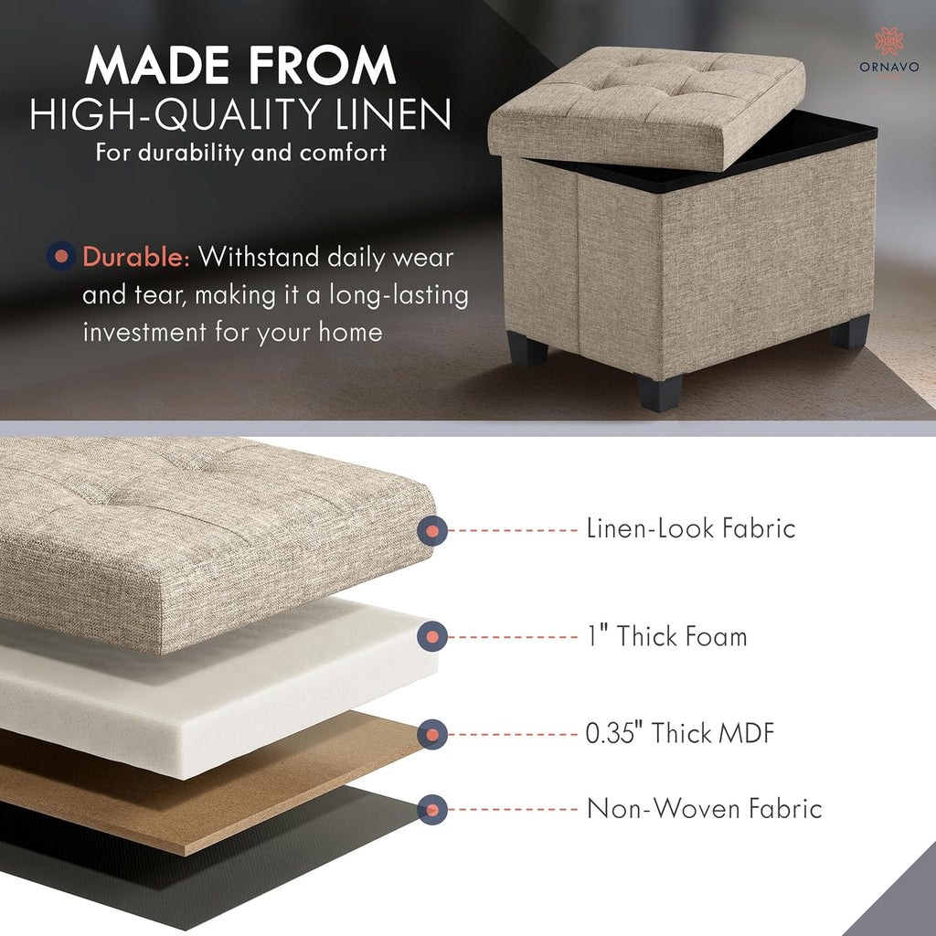 Ornavo Home Small Rectangle Storage Ottoman with Legs, 12x16x12, Tan/Taupe | Foot Rest Stool Seat; Holds Up to 600 lbs; Ideal for Living Room, Bedroom, Home Office or Dorm