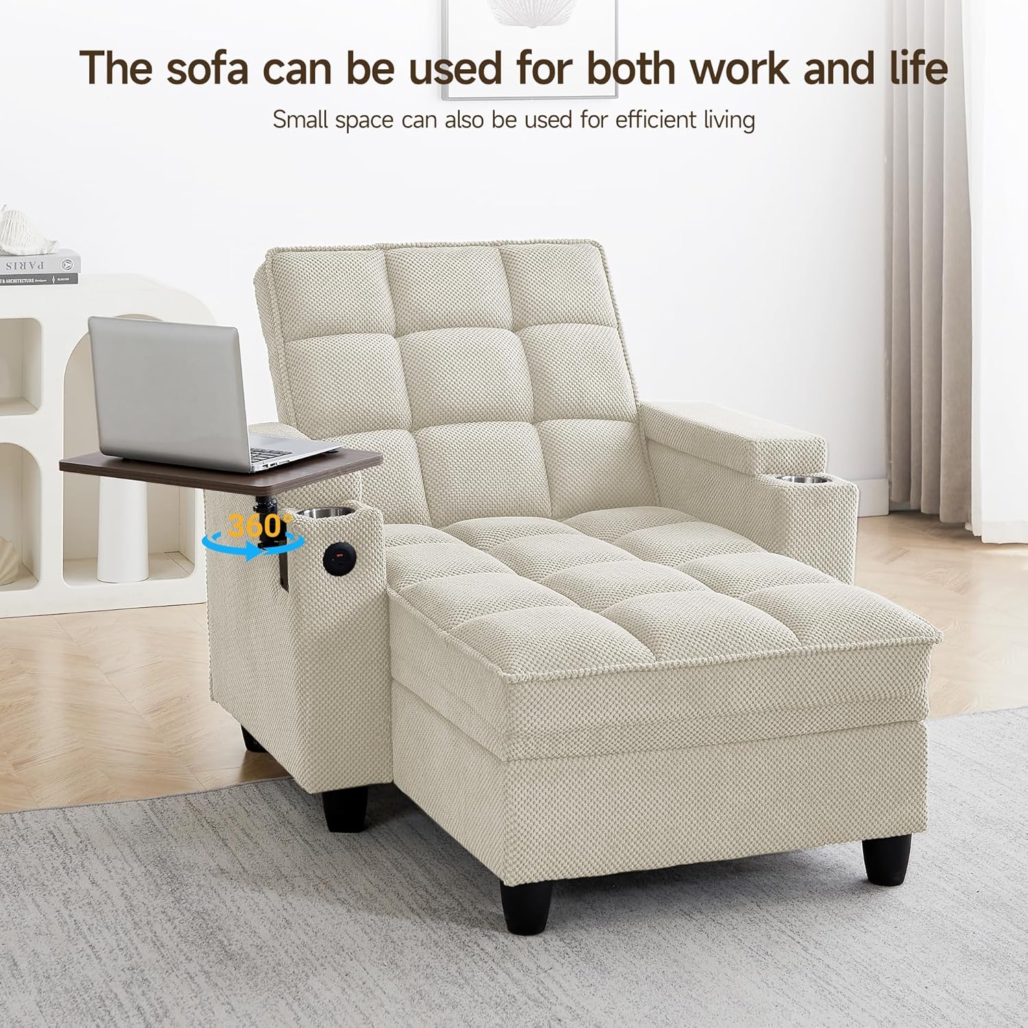 Oversized Recliner Chair with Swivel Tray Table, Modern Tufted Linen Fabric Single Sofa with Cup Holders & USB Port, 660 LBS Heavy Duty Reclining Chair for Living Room & Bedroom (White, 41.7'')