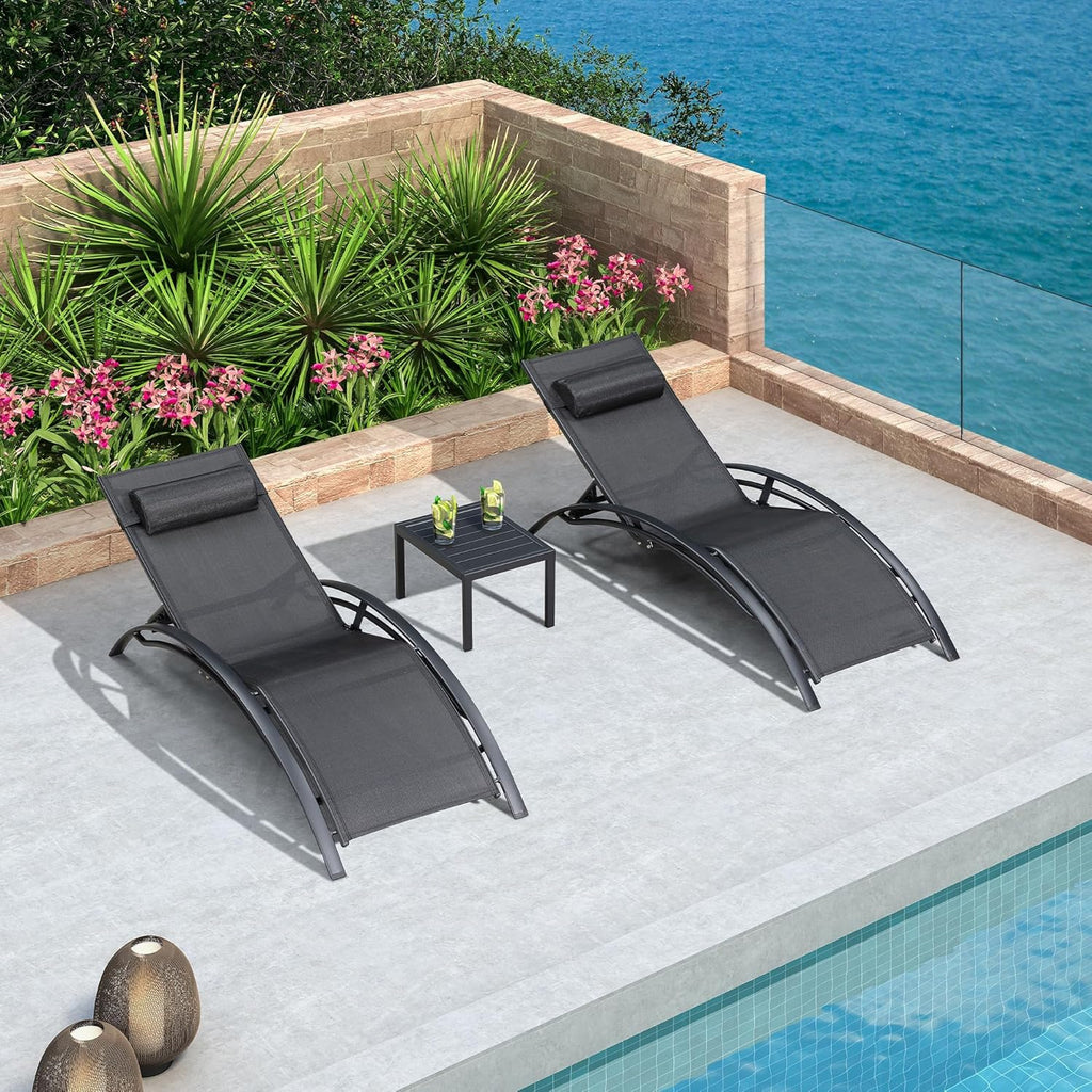 PURPLE LEAF Patio Pool Lounge Chaise Set of 3 Outdoor Lounger Chair, Black | 2 Chaise + 1 Table, Aluminum Frame, UV Textilene Fabric, Adjustable Headrest & 5 Recline Angles, Stackable, S-Curve Backrest