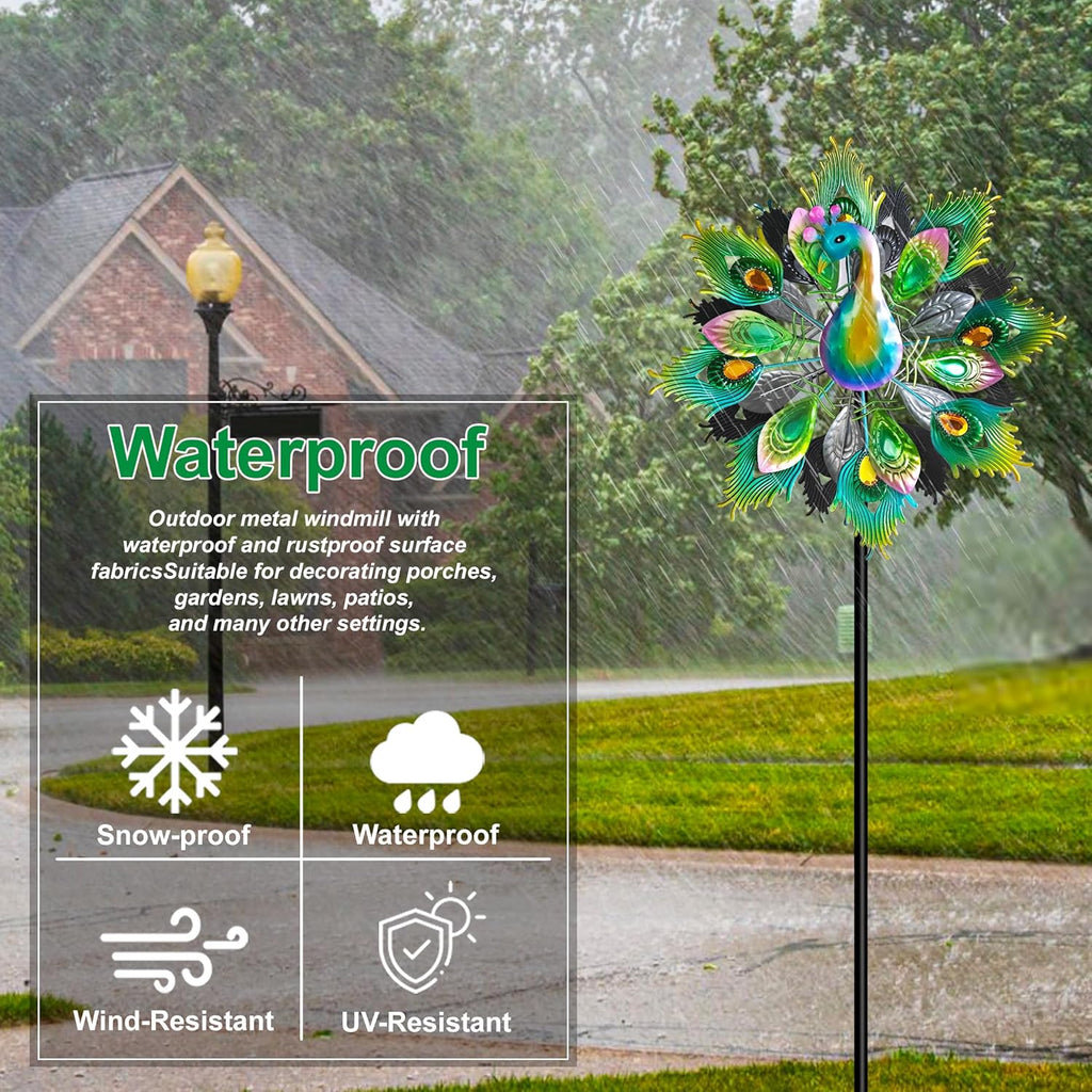 Outdoor Peacock Wind Spinners Featuring Glittering Gem Decor, 13.5" D x 65" H Double Layer Kinetic Wind Sculptures, 360° Rotatable Metal Garden Wind Spinners for Yard and Outdoor Decor Blue