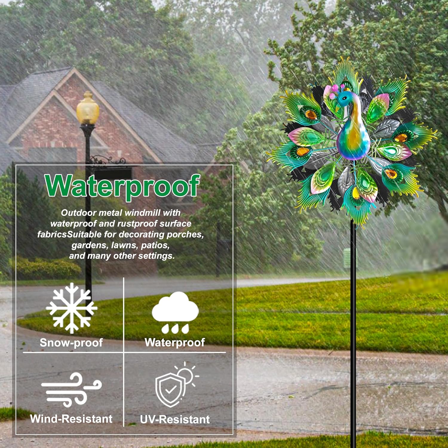 Outdoor Peacock Wind Spinners Featuring Glittering Gem Decor, 13.5" D x 65" H Double Layer Kinetic Wind Sculptures, 360° Rotatable Metal Garden Wind Spinners for Yard and Outdoor Decor Blue