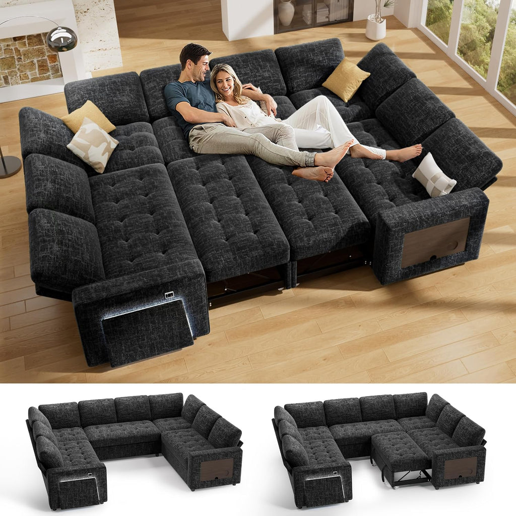 Vipbear 8 Seat U Shaped Modular Sectional Sleeper Sofa with Pull Out Bed/Reclining Backrest/USB Ports/Table/LED Light/Storage Seat, Sectional Sleeper Couch, Tool-Free Assembly, Chenille Black
