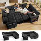 Vipbear 8 Seat U Shaped Modular Sectional Sleeper Sofa with Pull Out Bed/Reclining Backrest/USB Ports/Table/LED Light/Storage Seat, Sectional Sleeper Couch, Tool-Free Assembly, Chenille Black