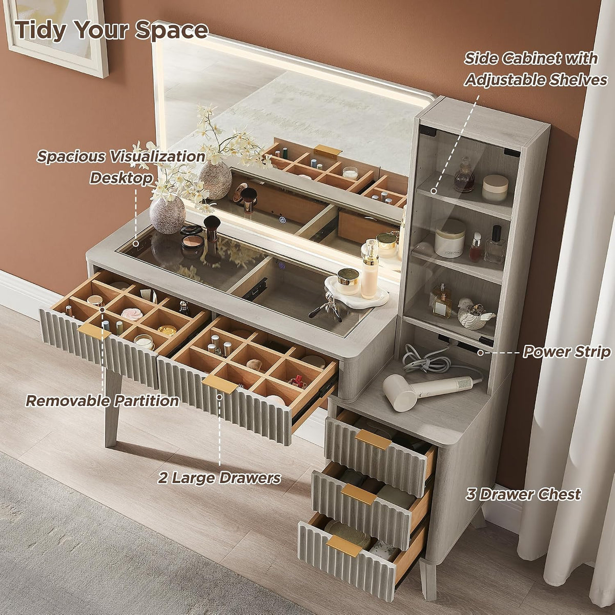 T4TREAM 48" Fluted Makeup Vanity Desk with 36" Lighted Mirror, White Alder | Smart LED Mirror, Visible Glass Top, 5 Drawers & Adjustable Storage Shelves, Charging Station, Bedroom Makeup Storage