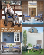 Outdoor Rocking Chairs Set of 2, Patio Rocker Chairs with Cushions & Steel Frame, All Weather Porch Rocking Chairs for Garden, Backyard, Poolside (Grey Rattan & Navy Blue Cushion, 320lbs)