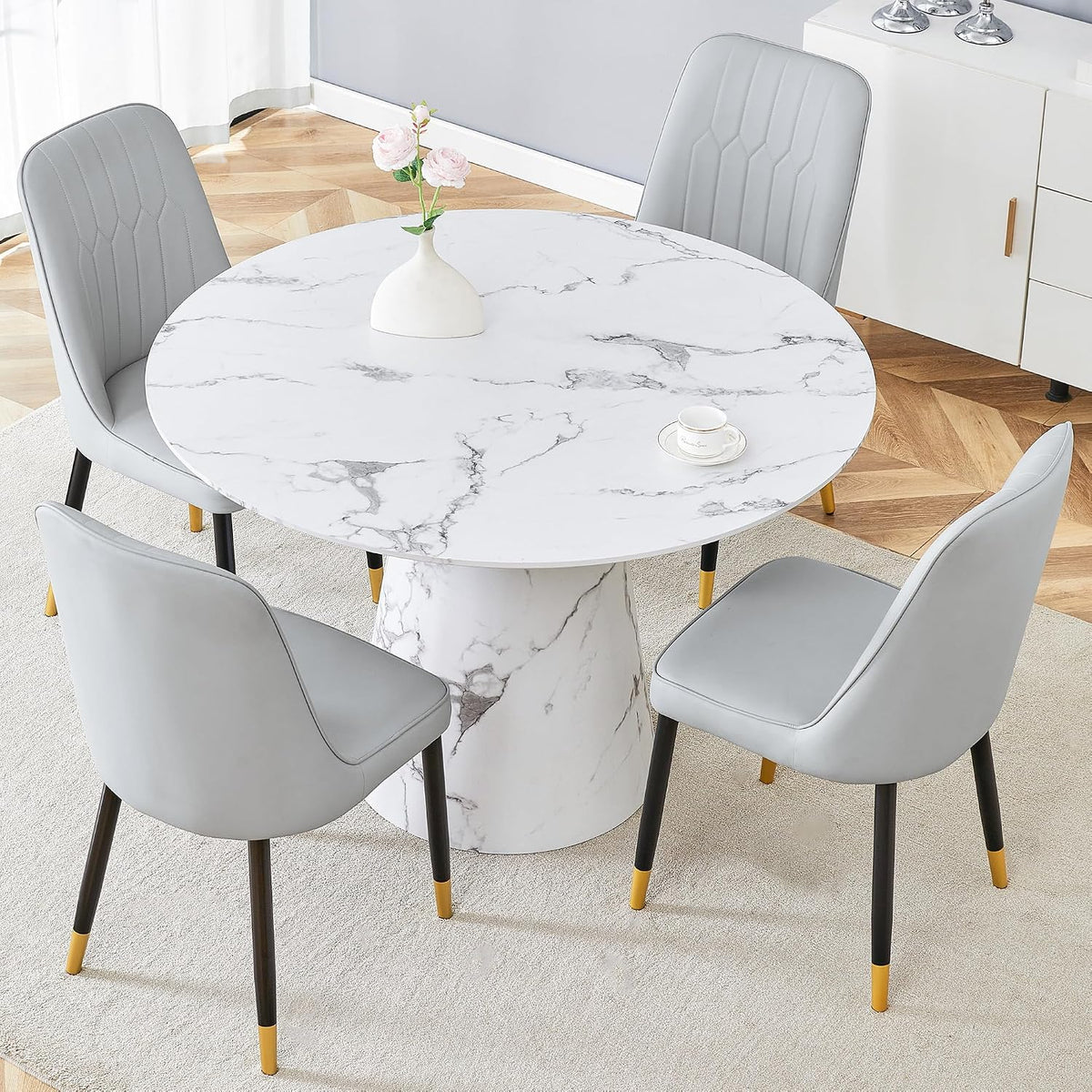 JUFU Round Dining Table Set for 4, 45" Modern Faux Marble Kitchen Table and Upholstered Chairs, 5 Piece Small Circle Dinette Set for Dining Room, Kitchen