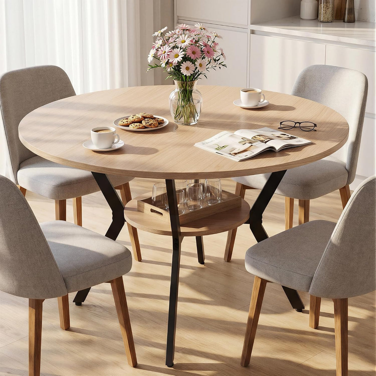 Miereirl 42.13" Round Dining Table for 4, Modern Kitchen Table with Open Storage Shelf, Wood Dining Table for Dining Room, Apartment, Small Spaces
