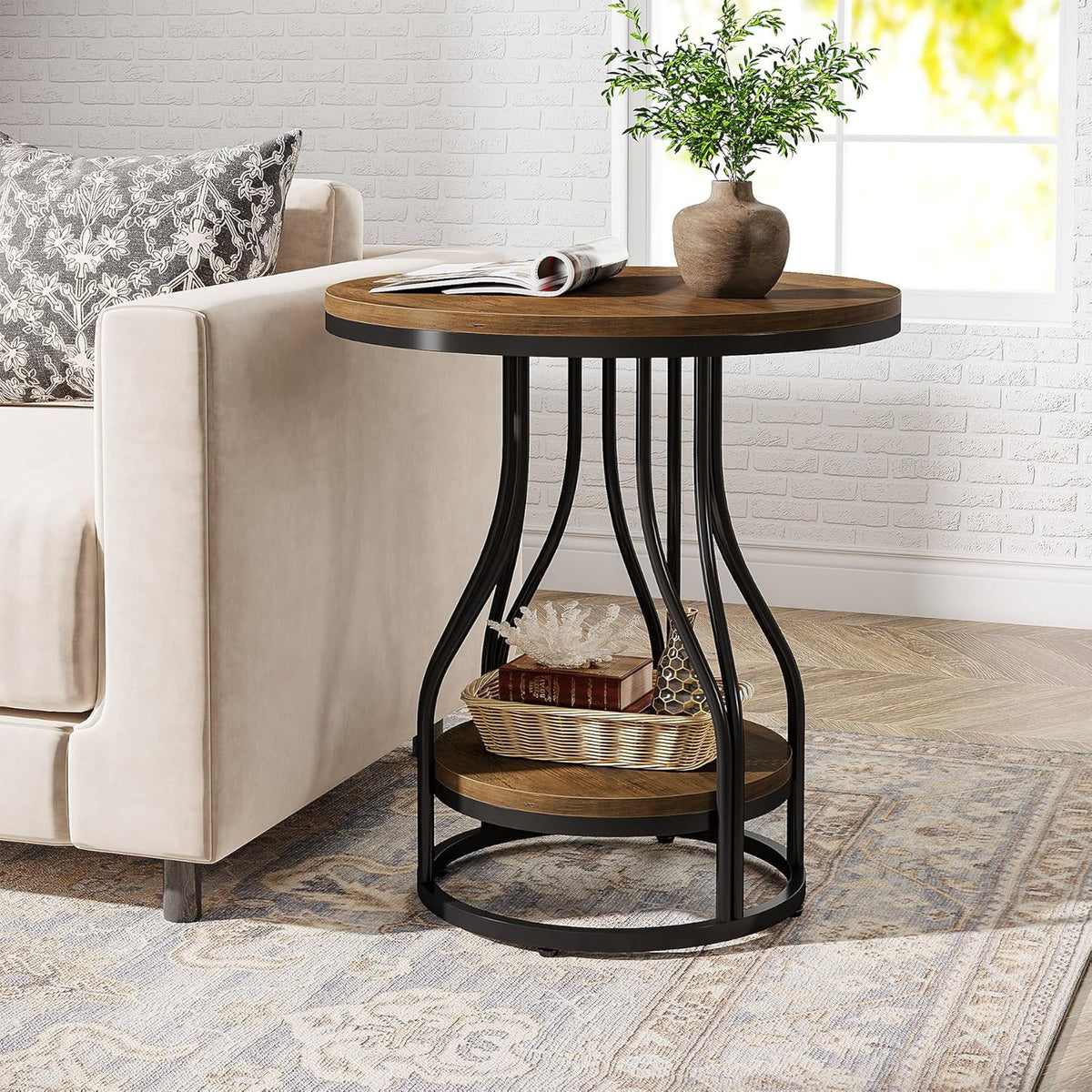 Tribesigns Round Side End Table 2-Tier End Tables Modern Bedside Table Small Chirside Tables with Storage for Couch Side, Nightstand with Metal Frame for Living Room (1, Brown+Black)