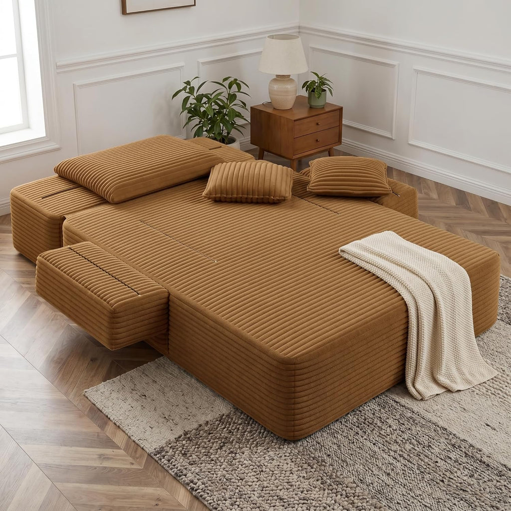 61 inch Floor Chaise Lounge Chair Indoor, Oversized Corduroy Lounge, Deep Seat Sofa Bed for Living Room, Comfy Reading Nook Chair for Small Spaces, No Assembly Required, Camel