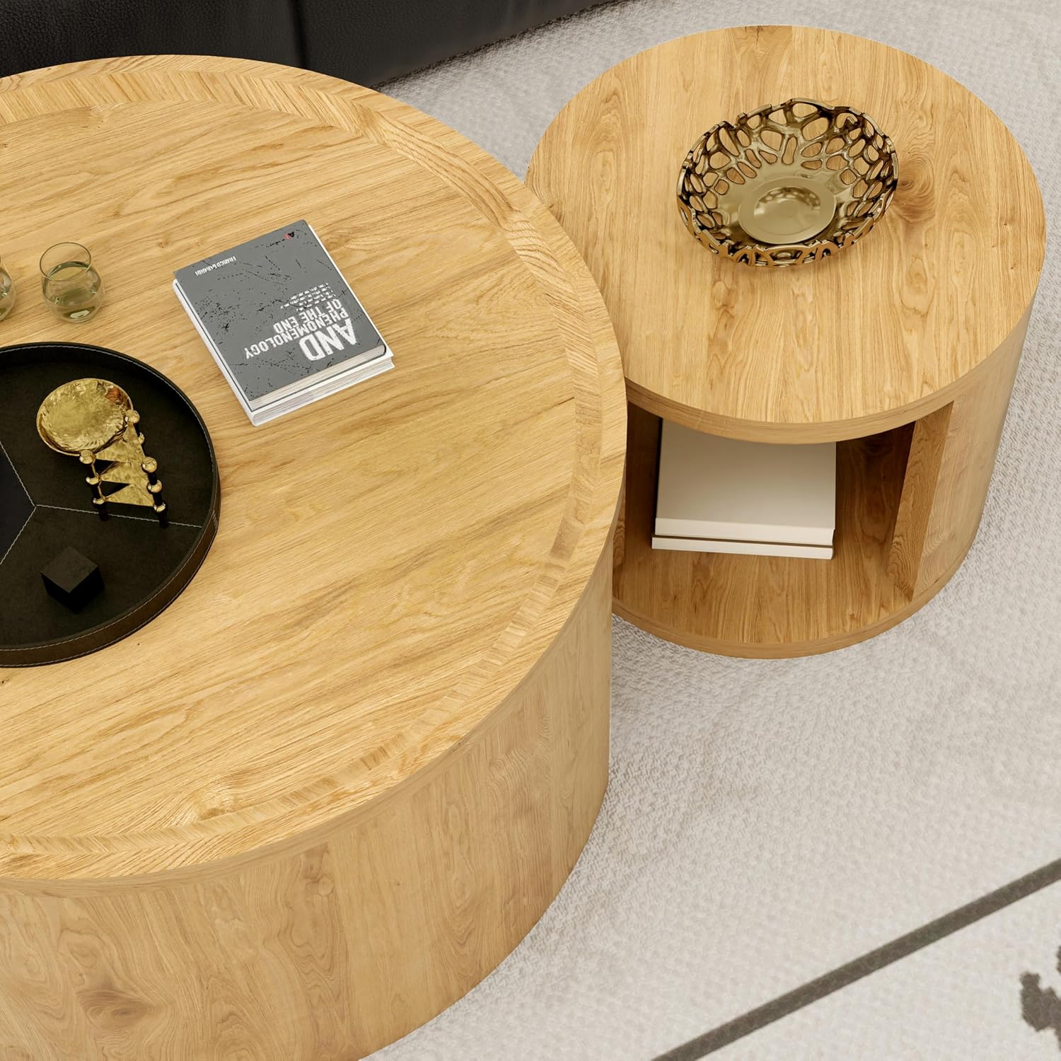 32" Anti-Slip Nesting Tables, Nesting Side Tables with Smooth Wood top, Nesting Coffee Tables with Minimalist Aesthetic for Modern Interior Home Spaces, Natural Wood