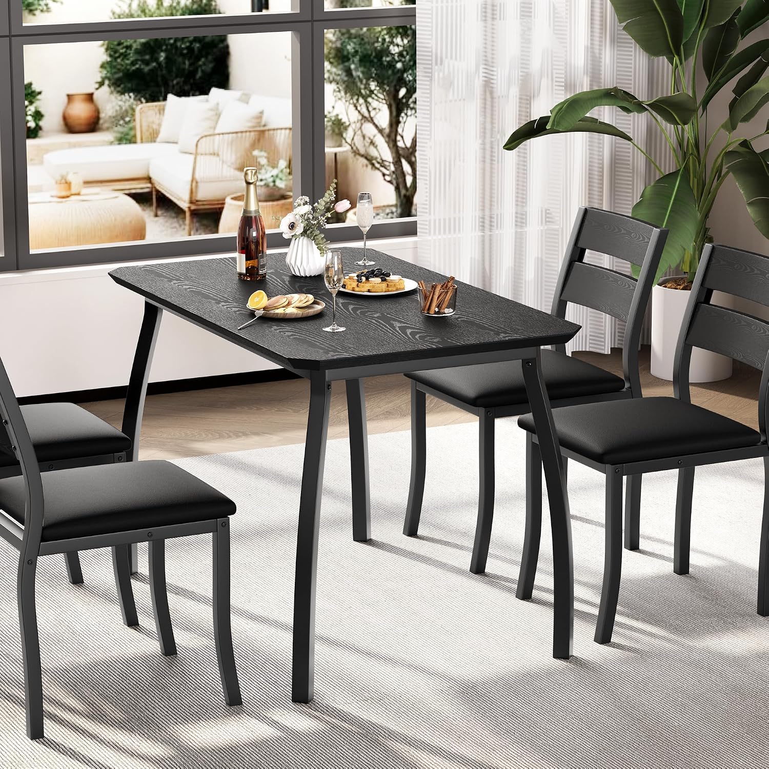 IDEALHOUSE Dining Table Set for 4 Modern Kitchen Table and Chairs Set with Chamfered Edges Cushioned Seats Space-Saving Metal Frame Compact Breakfast Nook (Soft Seat Black Tube + Black)
