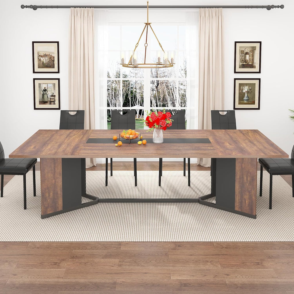 chartustriable Dining Table for 8-10 People,94" Large Modern Kitchen Table W/Built-in Table Runner Design,Brown&Black Industrial Rectangular Dinner Table,Waterproof Wood Table Sturdy Base,280lbs Load
