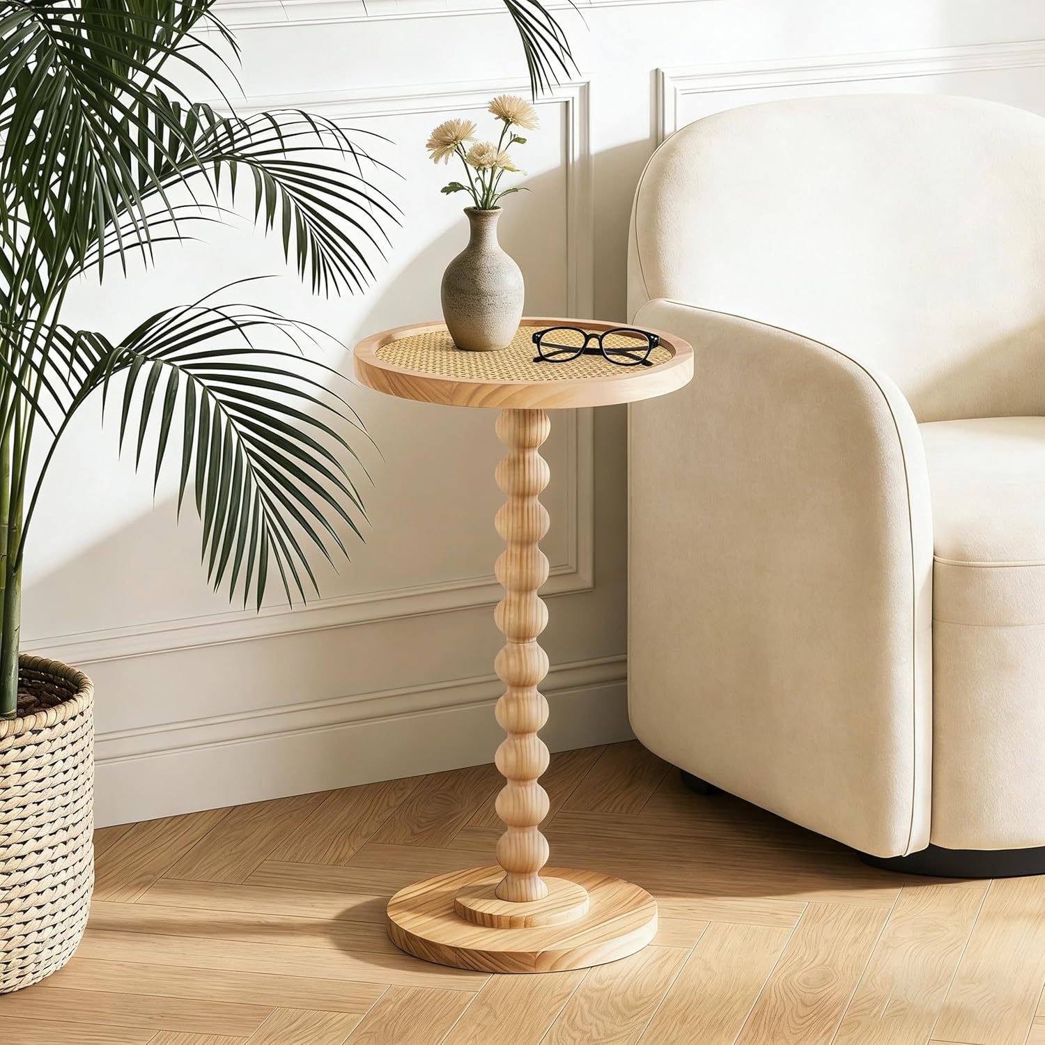 COVLON Solid Wood Drink Table, Small Pedestal Side Table for Small Spaces, Round Rattan Accent End Table Nightstand with Decorative Ball Legs for Living Room, Bedroom, Office, Corners
