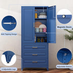 75" Metal Pantry Storage Cabinet with 3 Drawers, Blue | Sturdy SPCC Steel, Gold Handles, Adjustable Shelves,Anti-Tipping Kit, Leveling Feet, Easy Assembly for Kitchen Pantry