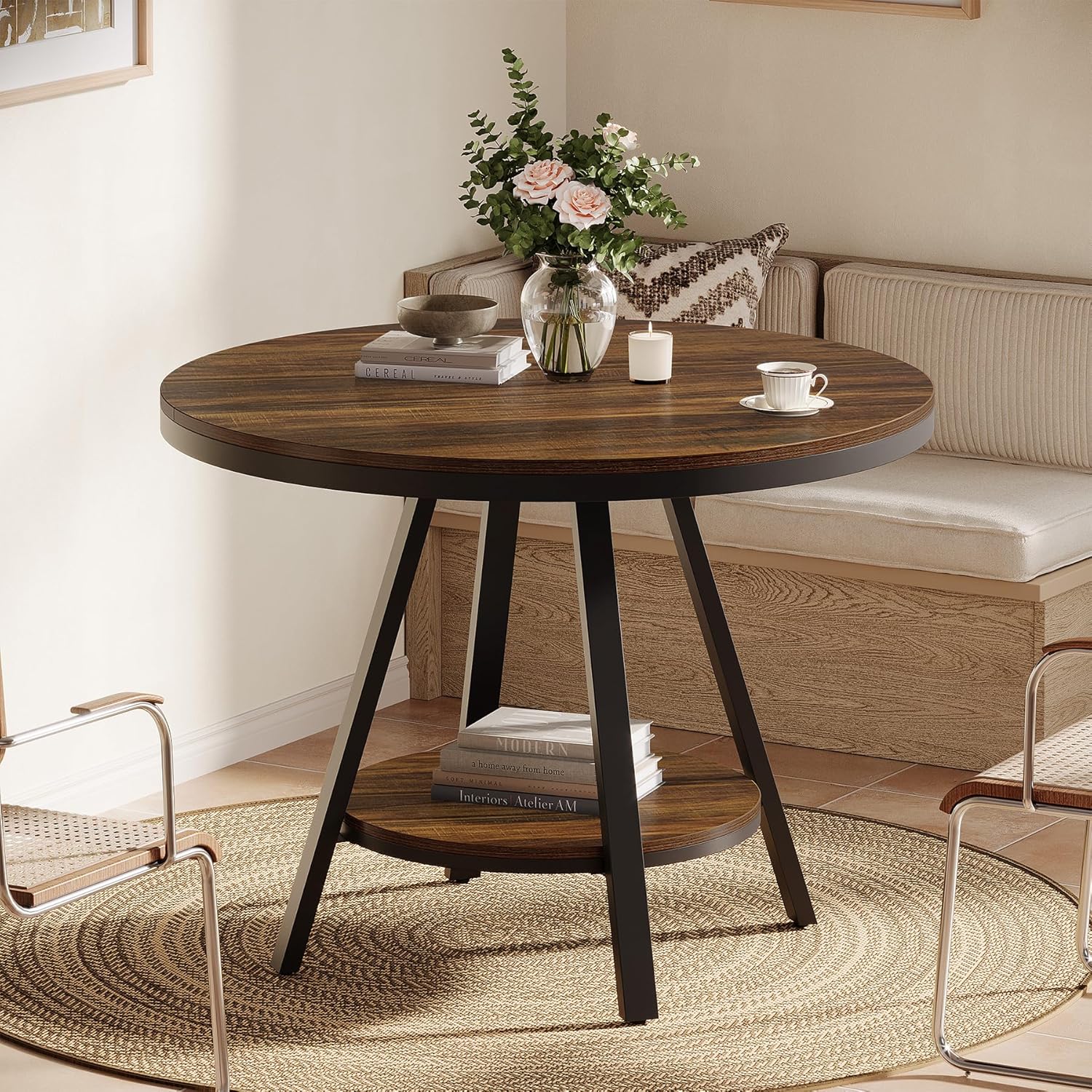 Tribesigns 2-Tier Industrial Round Dining Table, Small Kitchen Dinner Table for 2-4 People, 35-Inch Circle Wood Kitchen & Dining Room Furniture with Sturdy Metal Leg, Rustic Brown