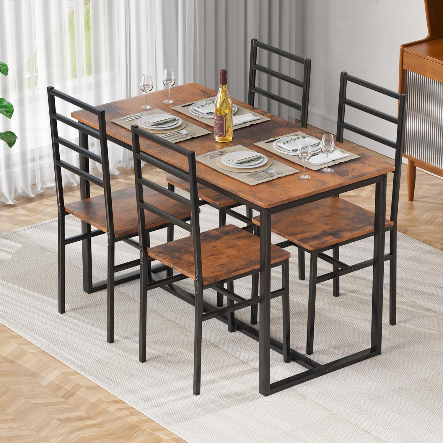 Kitchen Dining Table Set for 4, 5-Piece Kitchen Table and Chairs, Base Reinforcement Structure Dining Room Table Sets, Dining Table with 4 Chairs for Small Space, Dinette, Apartment
