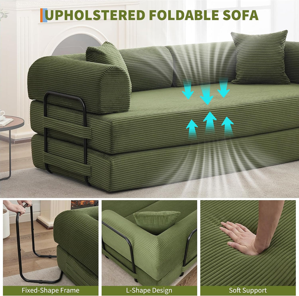 GarveeHome 79" Convertible Sleeper Sofa Bed Couch, 4-in-1 Corduroy Folding Sofa Bed with Pillow & Fixed-Shape, Floor Mattress Couch Loveseat for Living Room Apartments - No Assembly, Green