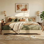 SHA CERLIN Linen Upholstered King Size Bed Frame with Headboard, Beige