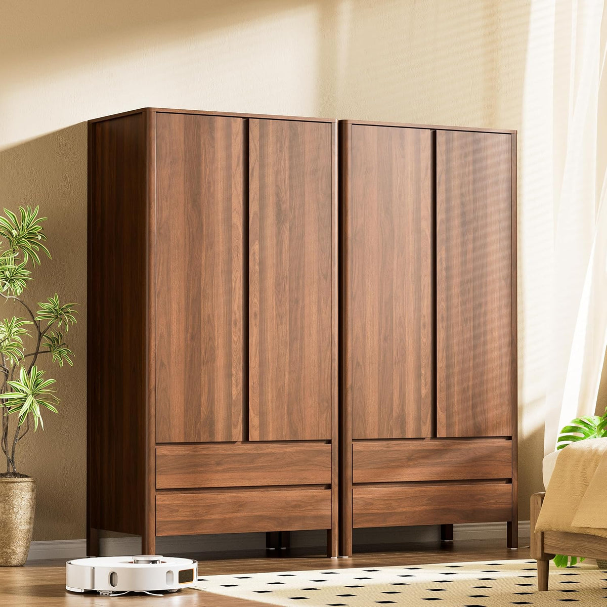 Furniway Armoire Wardrobe Closet, 70.9" Tall Wardrobe Cabinet with 2 Doors, 2 Large Drawers and Hanging Rod, Wooden Clothing Storage Cabinet for Bedroom, Cloak Room, Walnut